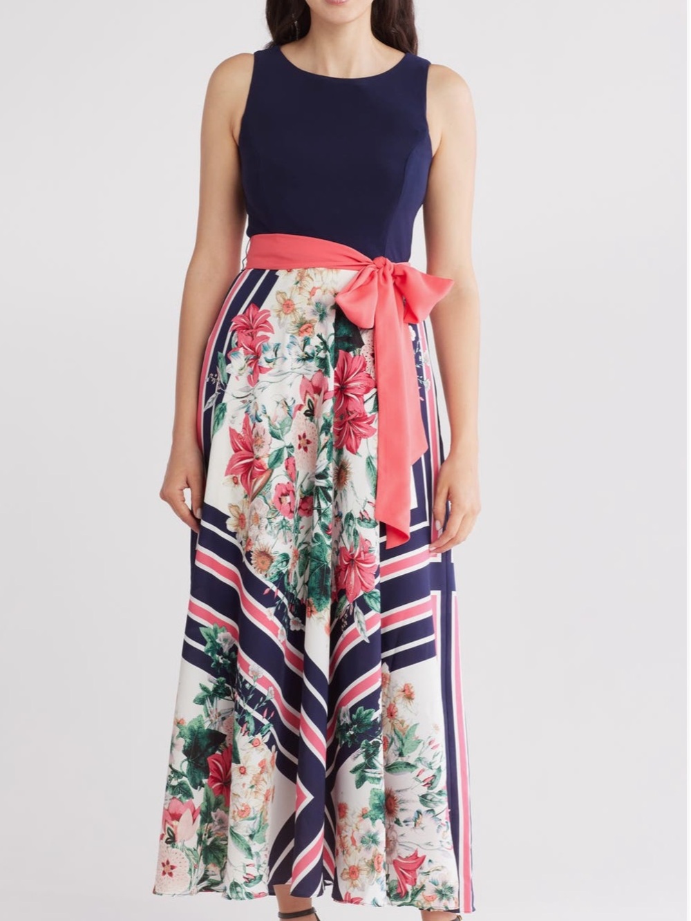 Eliza j sleeveless full scarf skirt printed maxi dress sash  8 blue floral coral
